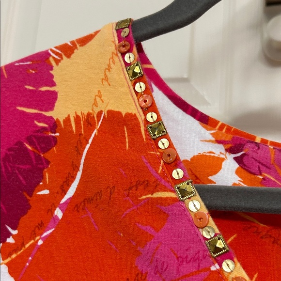 Ruby Rd. Tropical Leaf Top with Bling Sequins Warm Reds Orange Hot Pinks - Picture 3 of 13